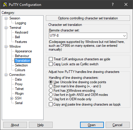 Screenshot of the "Remote character set" setting location in a PuTTY configuration window